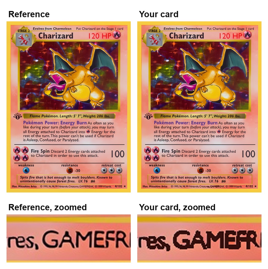 Two cards side by side that look identical at normal size, with a zoomed view showing the fine print lettering heavier than the reference